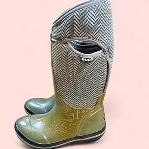 Bogs Olive Green Herringbone Rain Boots | Tall Waterproof | Size 6